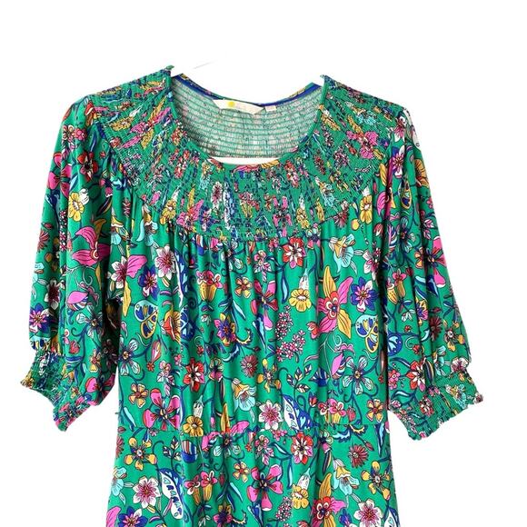 Boden Smocked Neck Jersey Midi Dress Highland Green Floral size 8 No Belt - Picture 7 of 13
